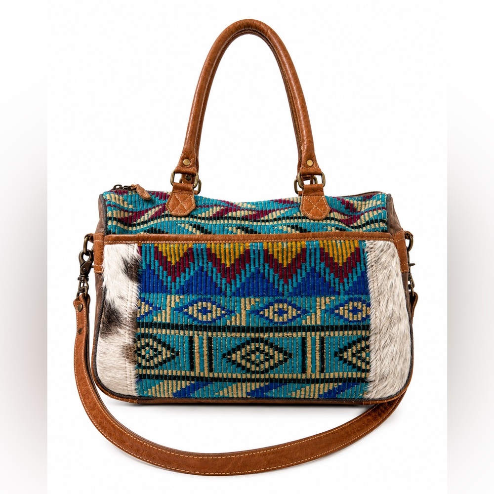 Myra‎ Bag Foxy Messenger S-1968 Cowhide Aztec Turquoise Leather Crossbody Tote